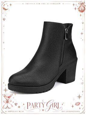 Women's PU Leather Block Heel Ankle Boots Side Zip Booties